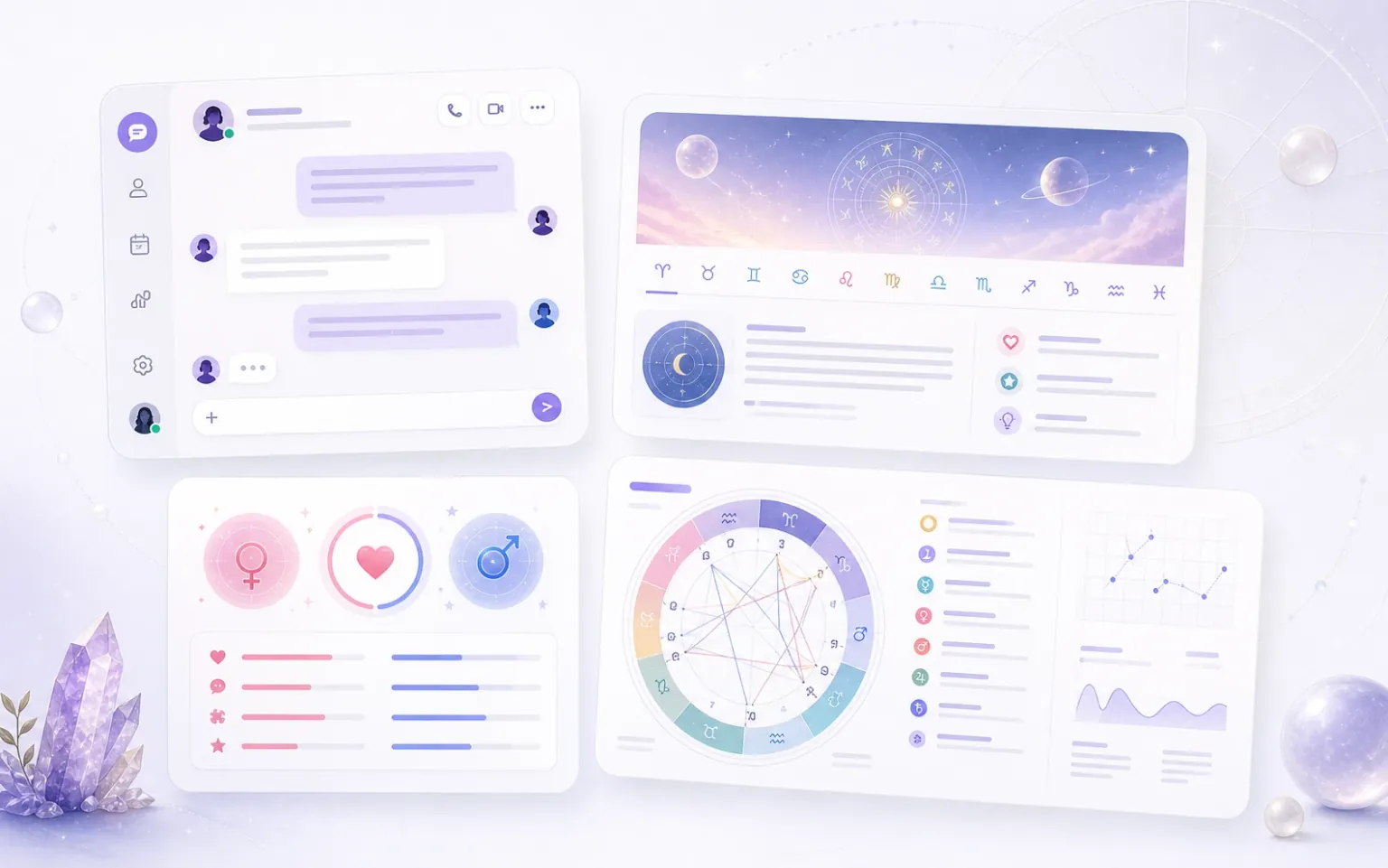 Cosmicly feature map showing chat, horoscope, compatibility, and natal chart surfaces