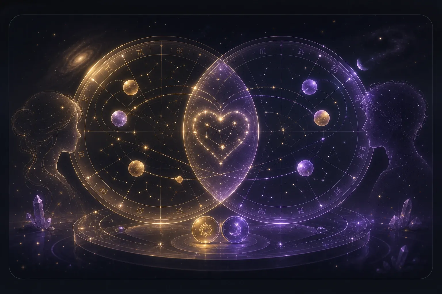 Compatibility illustration with overlapping natal charts and connected constellations