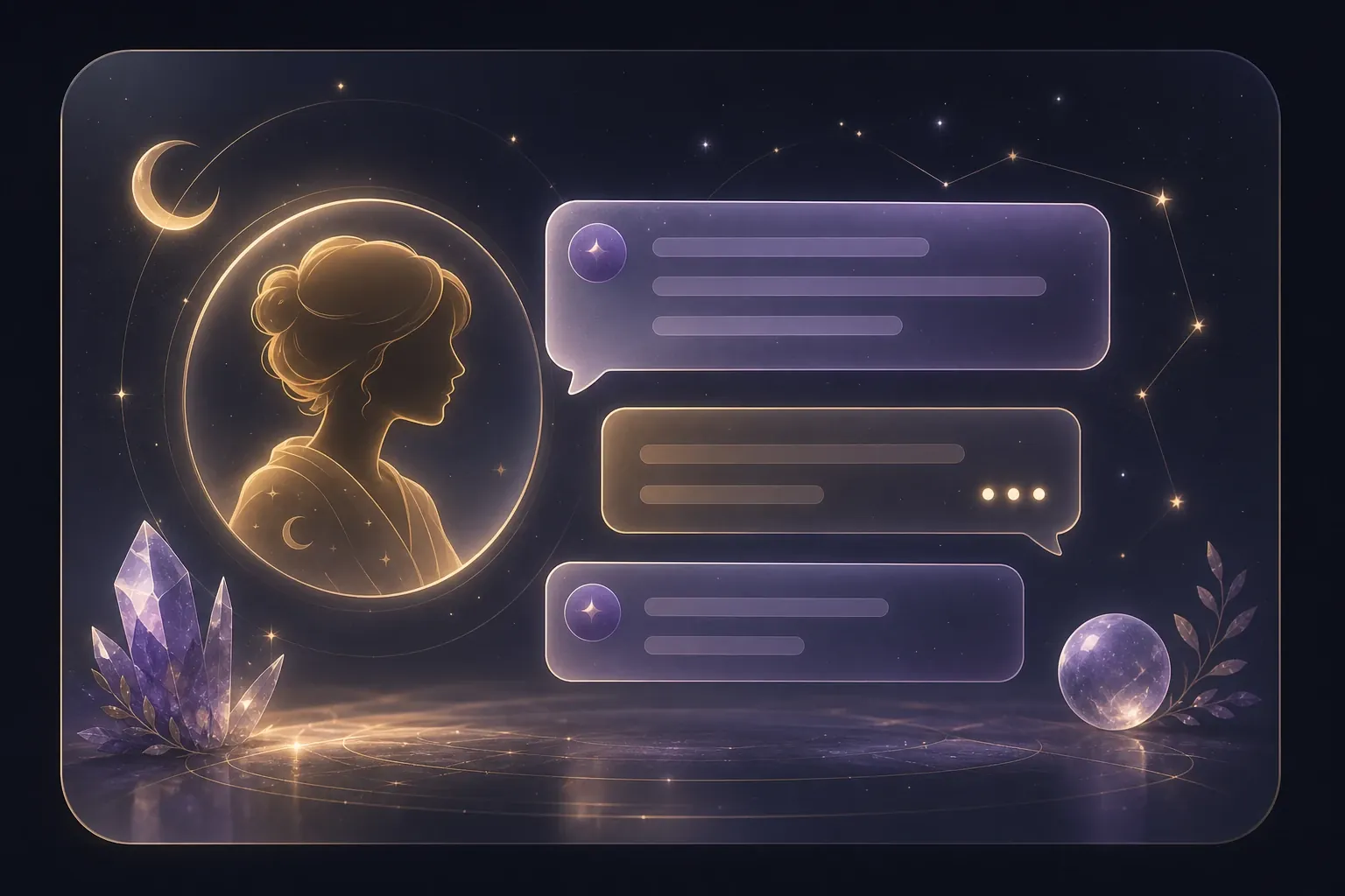 Astrology guidance chat illustration with a glowing advisor and celestial message panels
