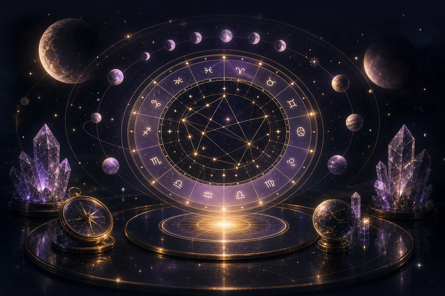 Natal chart wheel hovering over crystals and moon phase symbols
