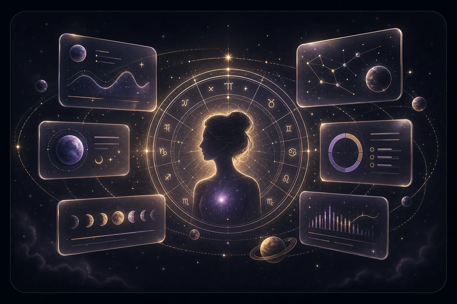 Personalized birth chart dashboard with orbiting planets and glass insight cards